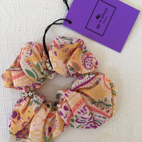 ETRO Milano Made in ITALY SILK Elastic HAIR Scrunchie w Strass Rings Crystal NEW main image 9